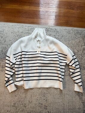 MANGO Striped Knit Pullover Sweater - White with Black Stripes